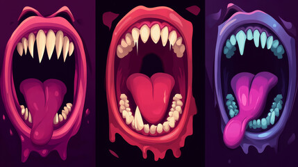 Vector flyers for a Halloween party featuring monster mouths. Cartoon invitation posters with open, toothy jaws, sharp teeth, dripping saliva, and tongues. Includes a set of event invite cards.