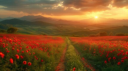 A beautiful field of red flowers with a sun shining on it
