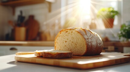 Freshly baked artisan bread on a wooden cutting board in a sunlit kitchen.