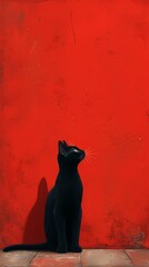 Minimalist traditional red wall and cat illustration poster background