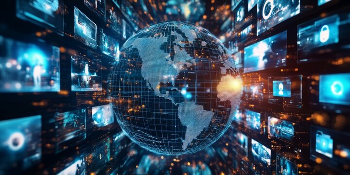 Abstract digital globe with global network connections and images of media content floating around it