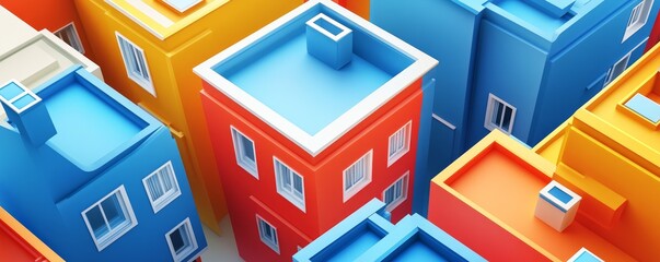 Colorful cartoon houses with blue, red, and yellow roofs.