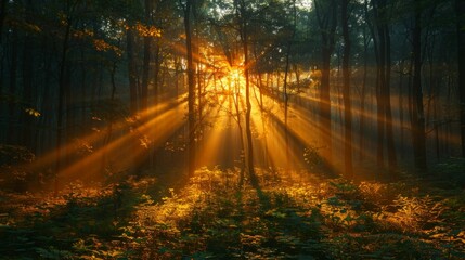 Naklejka premium The sun is shining through the trees, casting a warm glow on the forest floor