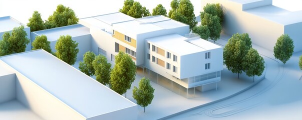 Modern building with trees and landscaping.