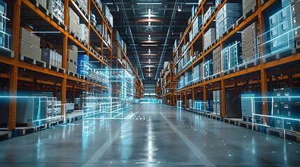 High Tech Warehouse Interior with Scanners Tracking Inventory