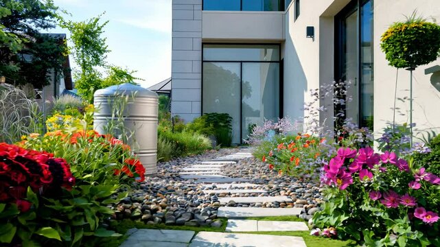 Rainwater harvesting system in the garden with barrel, ecological concept for plants watering, reusing water concept

