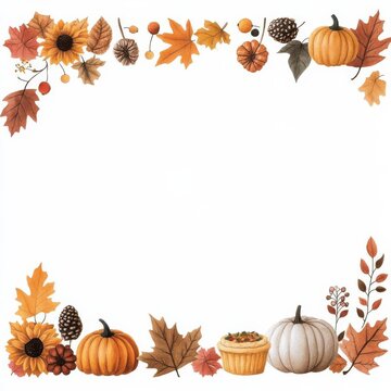 A Thanksgiving theme border, featuring pumpkins, sunflowers, colorful leaves, pies, and others. Warm colors, on white background.