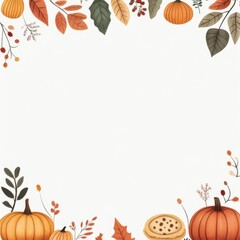 A Thanksgiving theme border, featuring pumpkins, sunflowers, colorful leaves, pies, and others. Warm colors, on white background.
