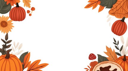 Fototapeta premium A Thanksgiving theme border, featuring pumpkins, sunflowers, colorful leaves, pies, and others. Warm colors, on white background.