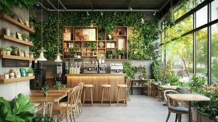 Fototapeta premium A cafe with a green wall and potted plants