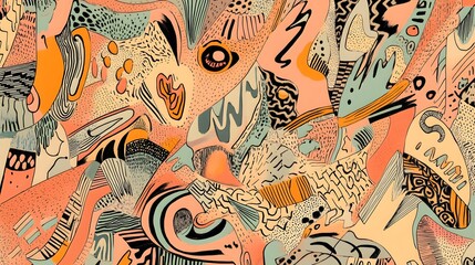 Obraz premium Nostalgic hand-drawn doodles with custom patterns in Peach Fuzz tones layered in a detailed maximalist composition
