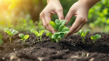 A person is planting a bunch of green plants in the dirt