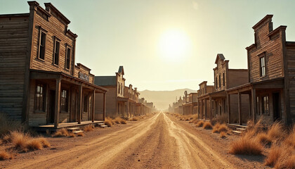 A Wild West town square with wooden buildings and cowboys.






