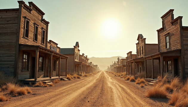 A Wild West town square with wooden buildings and cowboys.







