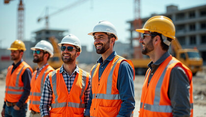 
ChatGPT:
ChatGPT
A group of construction workers and engineers in full safety gear smiles and interacts on an active construction site