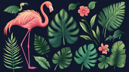 Tropical leaves, plants, and flamingo in a modern vector illustration. Includes tropic elements like palm leaves, monstera, and fern, perfect for logos, greeting cards, backgrounds, or labels.