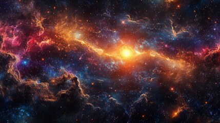 Abstract galaxy with star clusters and swirling gas clouds, deep space colors, and glowing lights 