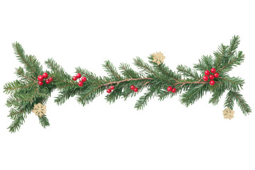 Festive evergreen garland adorned with bright red berries and delicate golden snowflakes, a cheerful touch for holiday decorations and seasonal celebrations.