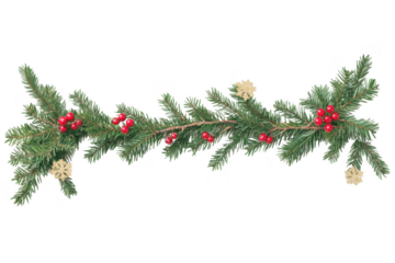 Festive evergreen garland adorned with bright red berries and delicate golden snowflakes, a cheerful touch for holiday decorations and seasonal celebrations.