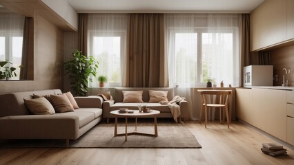 Fototapeta premium Modern Living Room with Beige Sofa and Wooden Coffee Table
