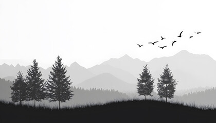 Silhouettes of trees, mountains, or birds in a single color against a plain background