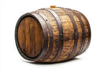 Traditional wooden beer barrel with metal bands isolated on white background