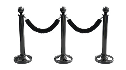 black stanchions with velvet ropes, arranged in a queue barrier formation, cut out transparent isolated PNG