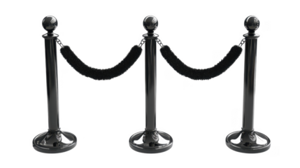 black stanchions with velvet ropes, arranged in a queue barrier formation, cut out transparent isolated PNG