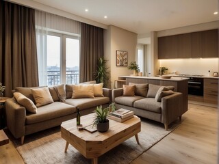 Fototapeta premium Modern Living Room with Brown Couches and Wooden Coffee Table