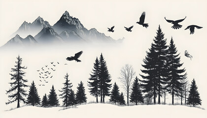Fototapeta premium Silhouettes of trees, mountains, or birds in a single color against a plain background