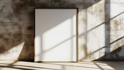 Large Blank Frame in Empty Room with Textured Stone Wall