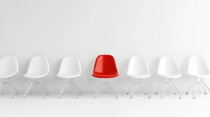 A row of white chairs with a red chair in the middle