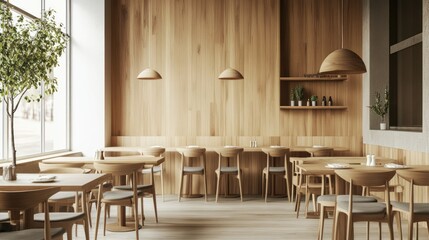 A restaurant with wooden walls and wooden chairs