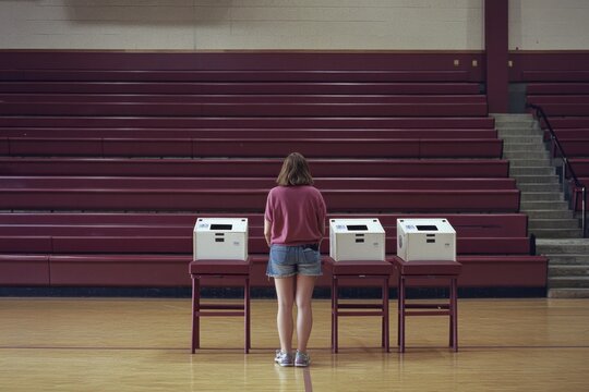 A woman casts her vote at a senior high school gymnasium, where three ballot boxes are placed in front of burgundy bleachers. The image captures the democratic process in a traditional setting, emphas