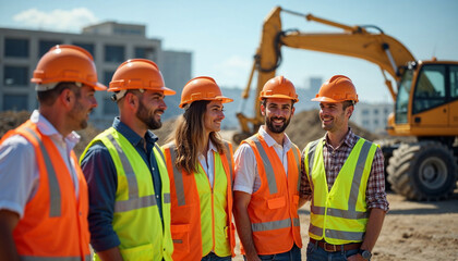 group of construction workers and engineers in full safety gear smiles and interacts on an active construction site