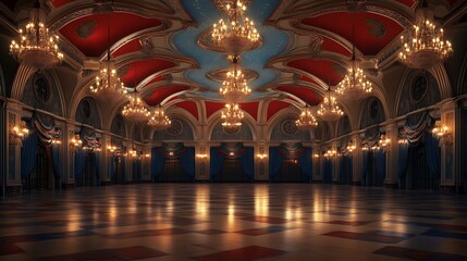 Obraz premium Luxurious Ballroom with Ornate Ceiling Design, Elegant Chandeliers, and Warm Lighting with Red and Blue Accents