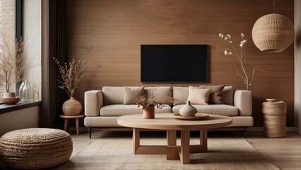 Modern Living Room Interior with Beige Sofa, Wooden Coffee Table, and Rattan Decor