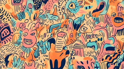 Naklejka premium Hand-drawn doodles in trendy Peach Fuzz colors creating a custom pattern with a detailed narrative and maximalist elements