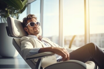 stylish man in sunglasses, reclining in a modern chair by a large window, exuding relaxation and confidence in a bright, sunlit room