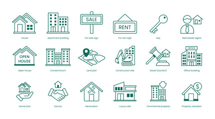 Real Estate Vector Icon Set: House, Apartment Building, For Sale Sign, For Rent Sign, Key, Real Estate Agent, Open House, Condominium, Land Plot, Construction Site, Auction, Office Building 