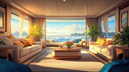 Fototapeta premium A large, open living room with a view of the ocean