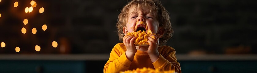 Naklejka premium Young child crying with a mouth full of food, struggling with eating, symbolizing early food aversions