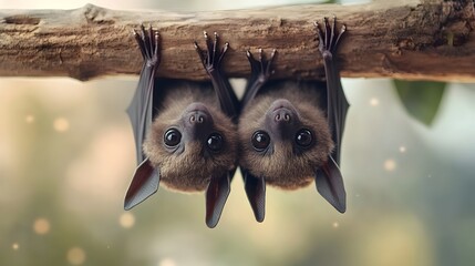 Obraz premium Cute Hanging Bats with Big Eyes and Tiny Fangs in Mysterious Nocturnal Environment