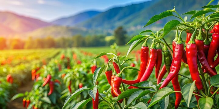 Vibrant red pepper plants flourishing in lush green field with ripening green and red chilies in serene agricultural landscape