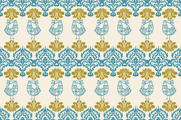 Motif ethnic handmade chicken and flower beautiful Ikat art. Saree Sarong Ethnic Africa  fabric seamless pattern on background art folk embroidery, Peruvian, Indian, Asia,europe style. Aztec geometric