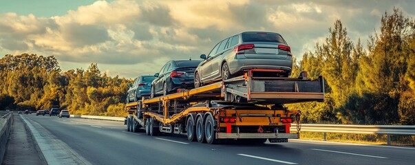 Car carrier truck transporting vehicles on highway at sunset