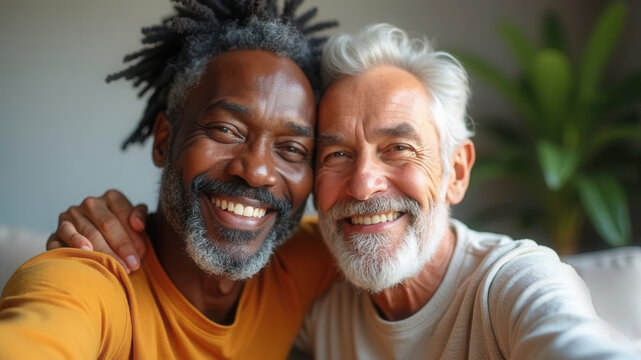 Happy older diverse gay couple together