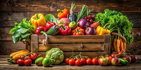 Colorful assortment of vegetables and fruits in rustic wooden crate showcasing harvest abundance and earthy charm