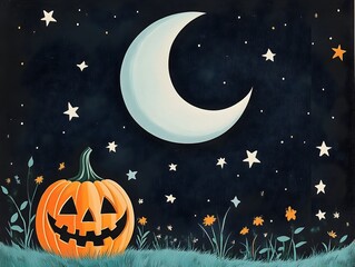Naklejka premium Retro Autumn Pumpkin and Moon Landscape with Twinkling Stars