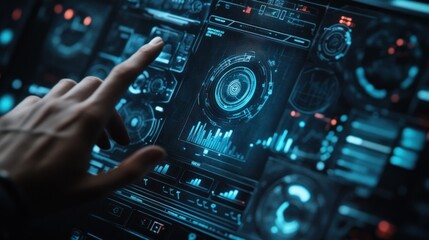 A person is pointing at a screen with a blue and red design